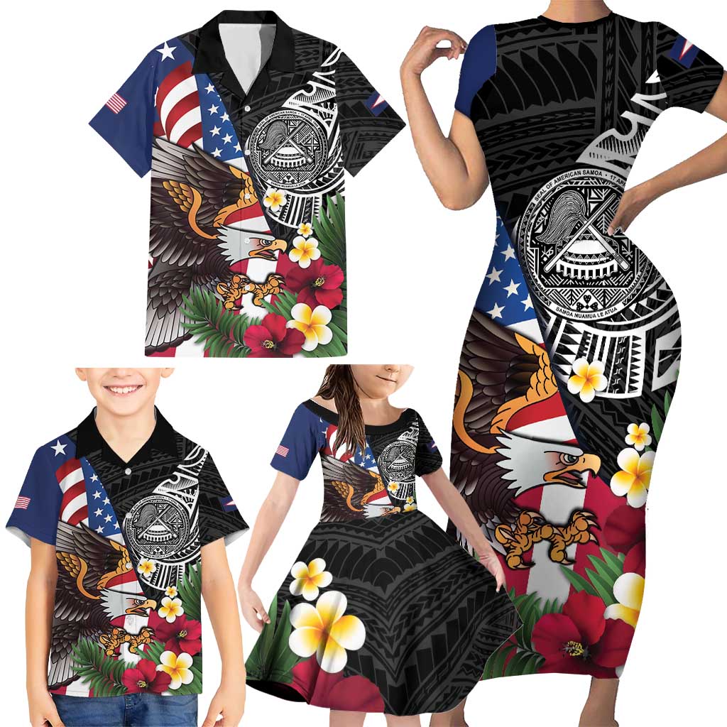 United States and American Samoa Family Matching Short Sleeve Bodycon Dress and Hawaiian Shirt USA Flag Eagle With Seal Tropical Flowers LT14 - Polynesian Pride