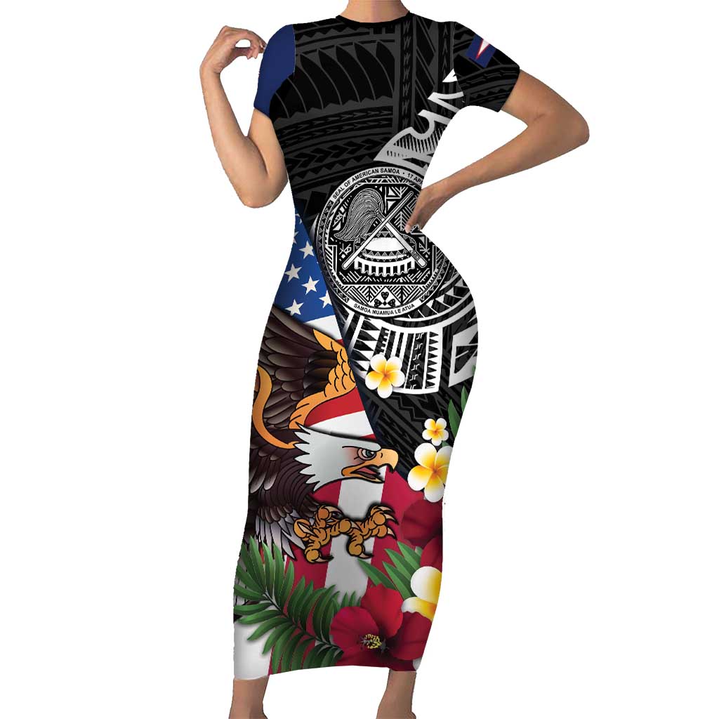 United States and American Samoa Family Matching Short Sleeve Bodycon Dress and Hawaiian Shirt USA Flag Eagle With Seal Tropical Flowers LT14 Mom's Dress Black - Polynesian Pride