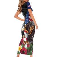 United States and American Samoa Family Matching Short Sleeve Bodycon Dress and Hawaiian Shirt USA Flag Eagle With Seal Tropical Flowers LT14 - Polynesian Pride