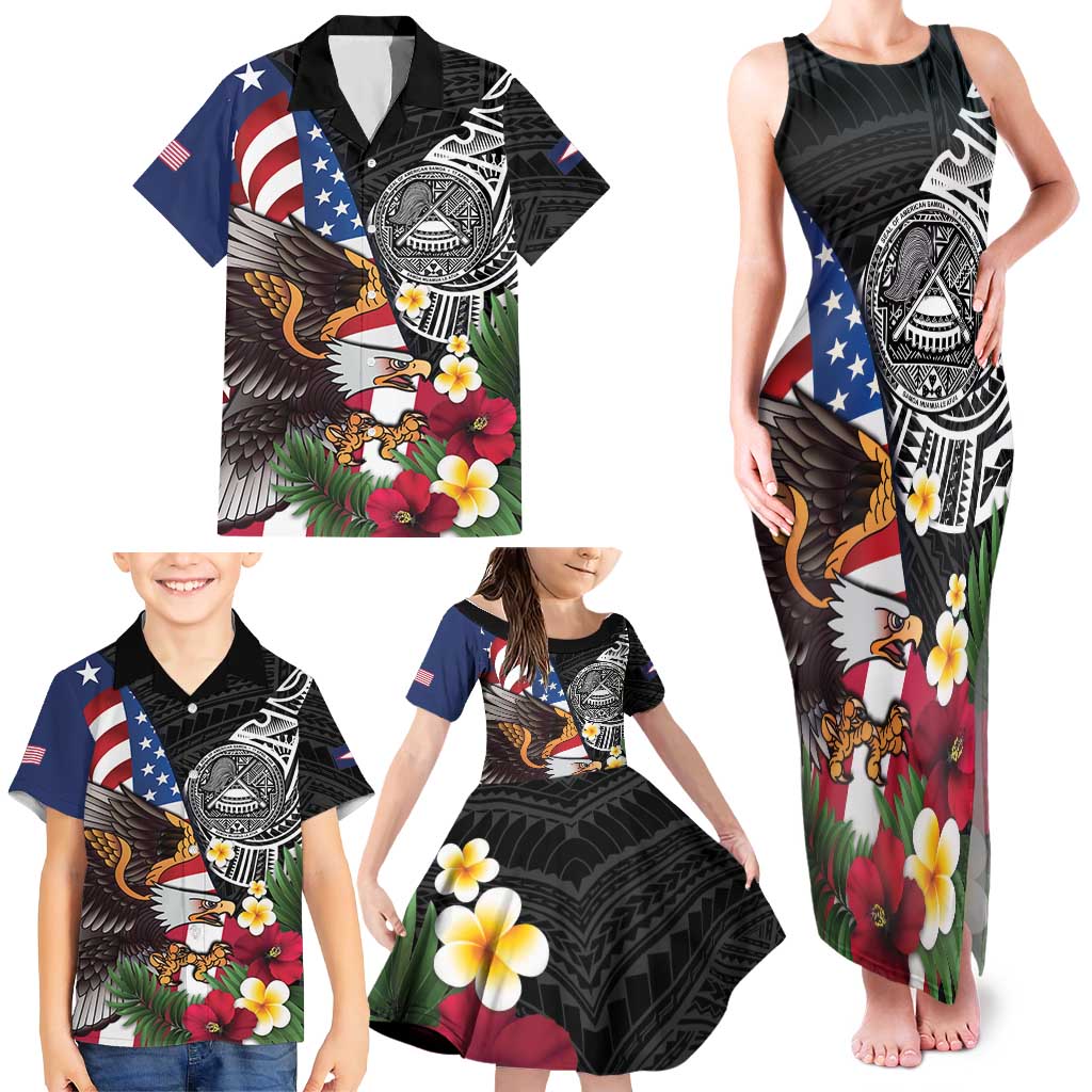 United States and American Samoa Family Matching Tank Maxi Dress and Hawaiian Shirt USA Flag Eagle With Seal Tropical Flowers LT14 - Polynesian Pride