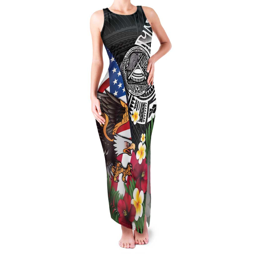 United States and American Samoa Family Matching Tank Maxi Dress and Hawaiian Shirt USA Flag Eagle With Seal Tropical Flowers LT14 Mom's Dress Black - Polynesian Pride