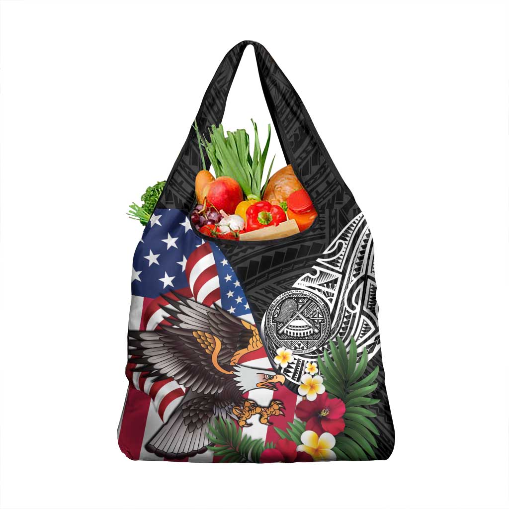 United States and American Samoa Grocery Bag USA Flag Eagle With Seal Tropical Flowers