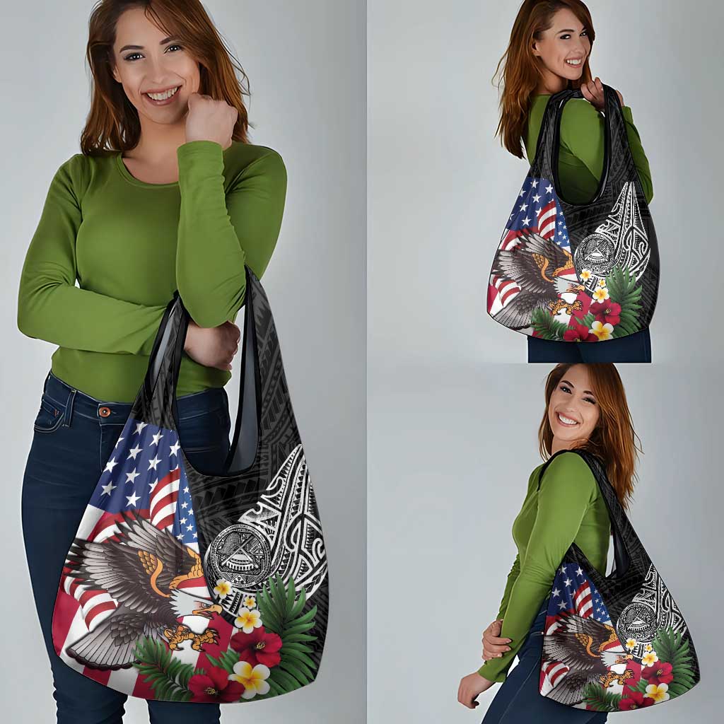 United States and American Samoa Grocery Bag USA Flag Eagle With Seal Tropical Flowers