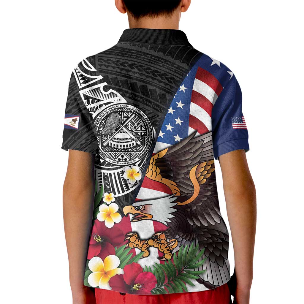 United States and American Samoa Kid Polo Shirt USA Flag Eagle With Seal Tropical Flowers