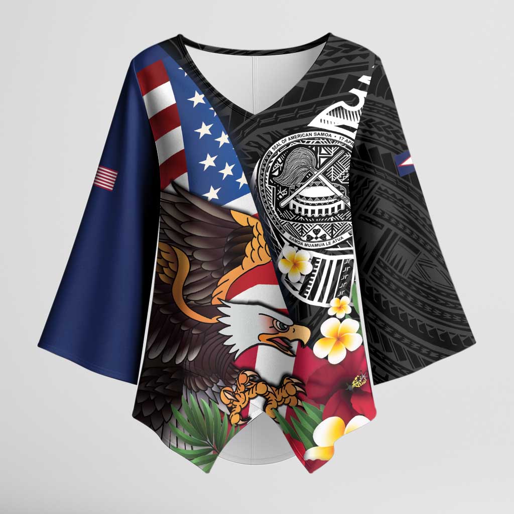 United States and American Samoa Kimono Sleeve Blouse USA Flag Eagle With Seal Tropical Flowers