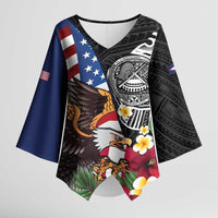 United States and American Samoa Kimono Sleeve Blouse USA Flag Eagle With Seal Tropical Flowers