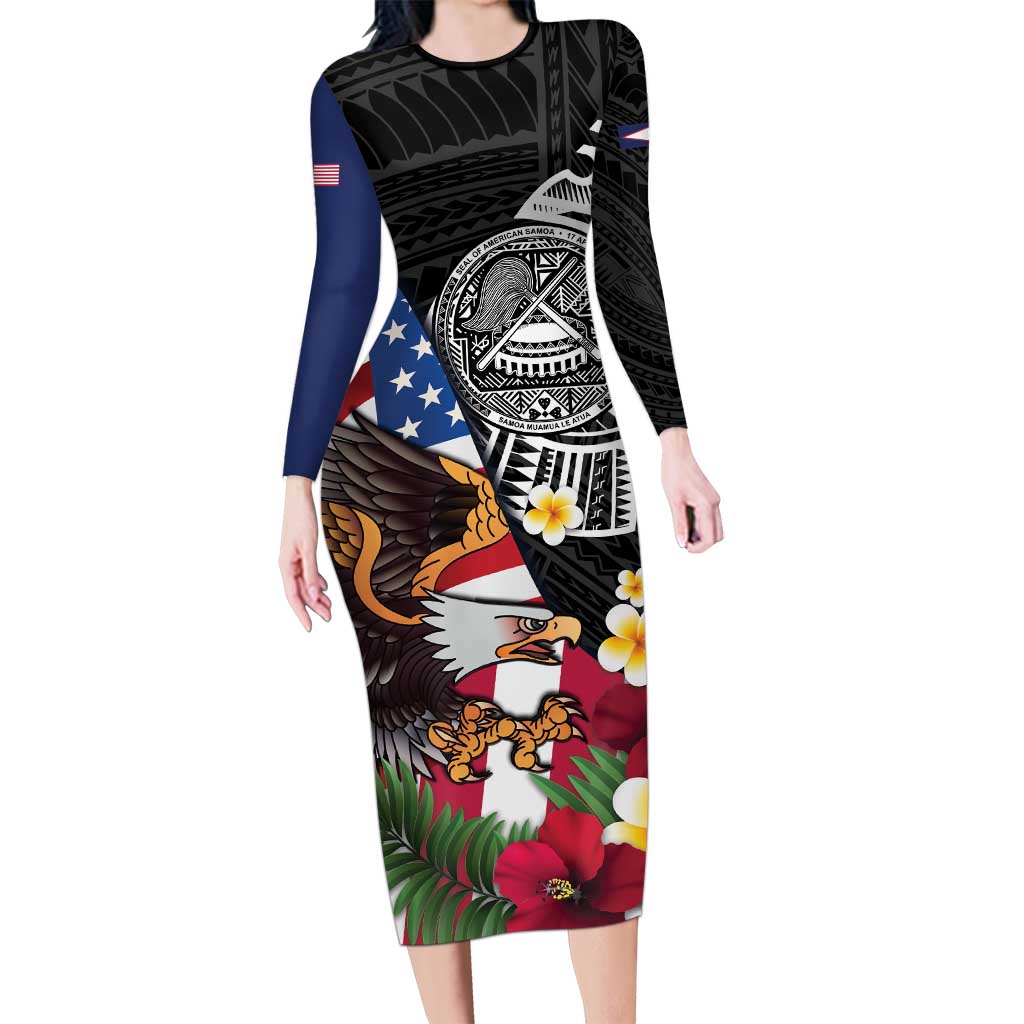 United States and American Samoa Long Sleeve Bodycon Dress USA Flag Eagle With Seal Tropical Flowers