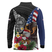 United States and American Samoa Long Sleeve Polo Shirt USA Flag Eagle With Seal Tropical Flowers