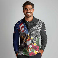 United States and American Samoa Long Sleeve Polo Shirt USA Flag Eagle With Seal Tropical Flowers
