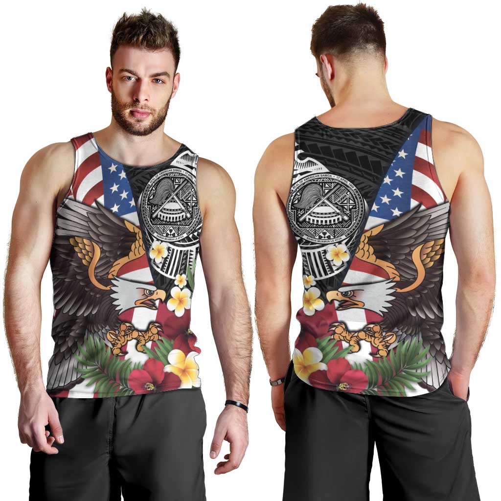 United States and American Samoa Men Tank Top USA Flag Eagle With Seal Tropical Flowers LT14 - Polynesian Pride