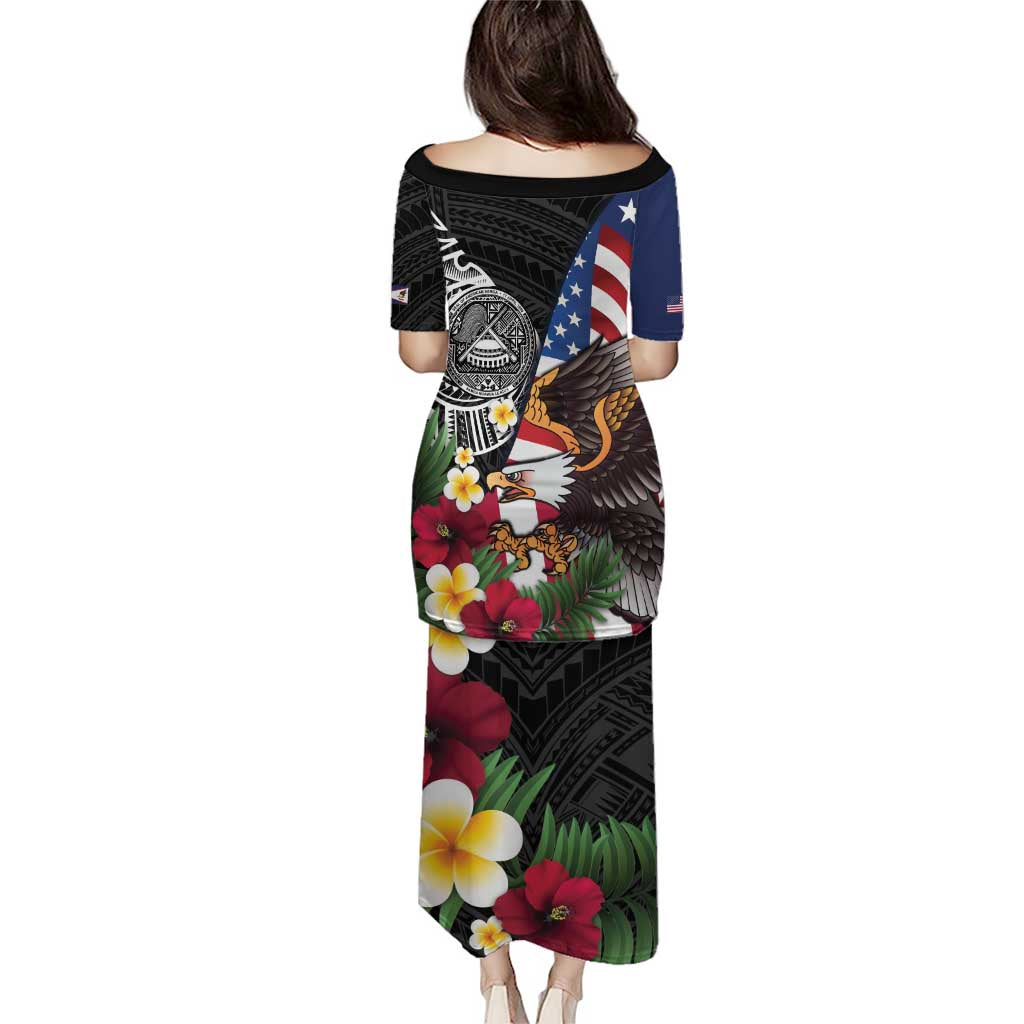 United States and American Samoa Puletasi USA Flag Eagle With Seal Tropical Flowers