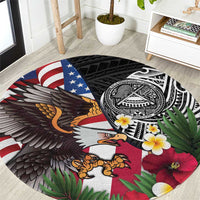 United States and American Samoa Round Carpet USA Flag Eagle With Seal Tropical Flowers