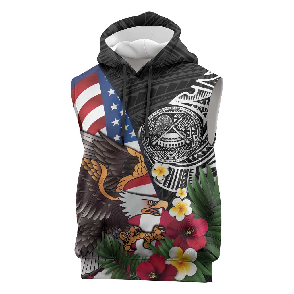United States and American Samoa Sleeveless Hoodie USA Flag Eagle With Seal Tropical Flowers