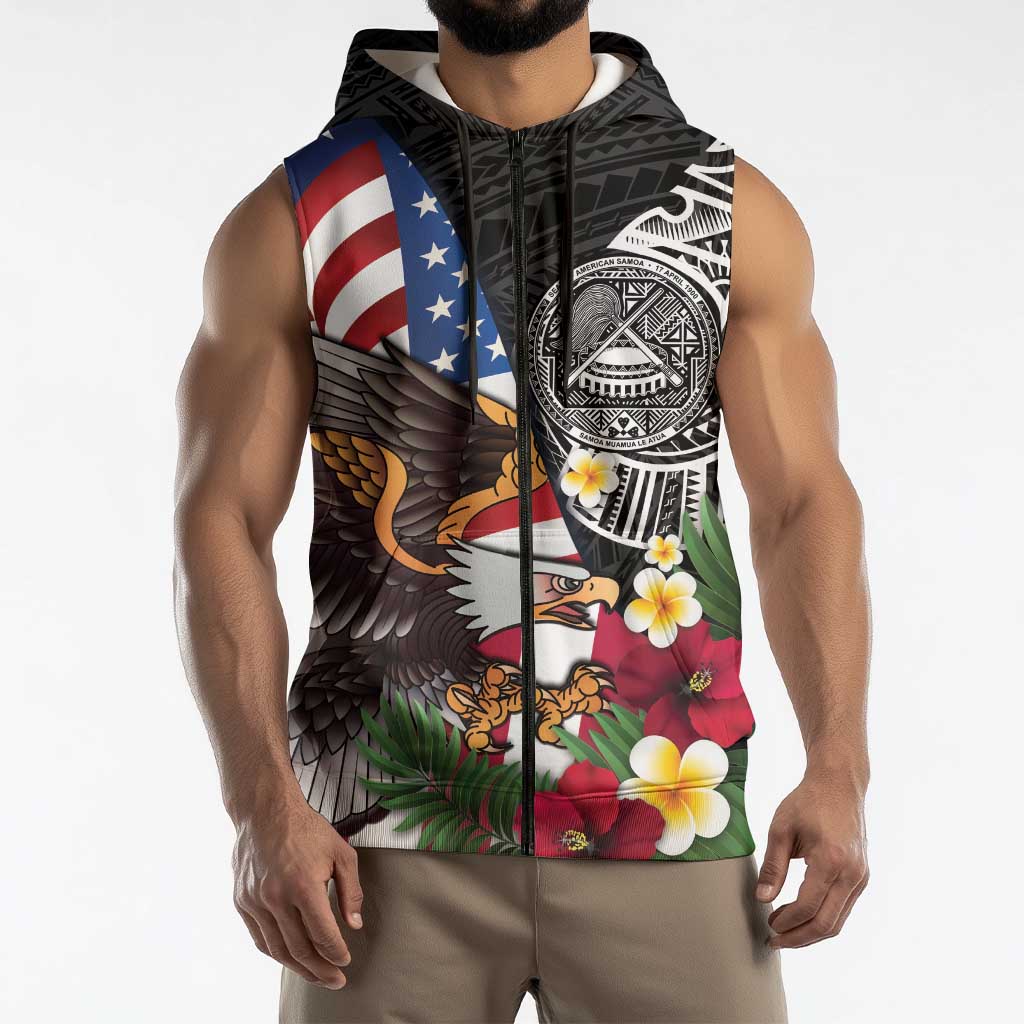 United States and American Samoa Sleeveless Zip Hoodie USA Flag Eagle With Seal Tropical Flowers