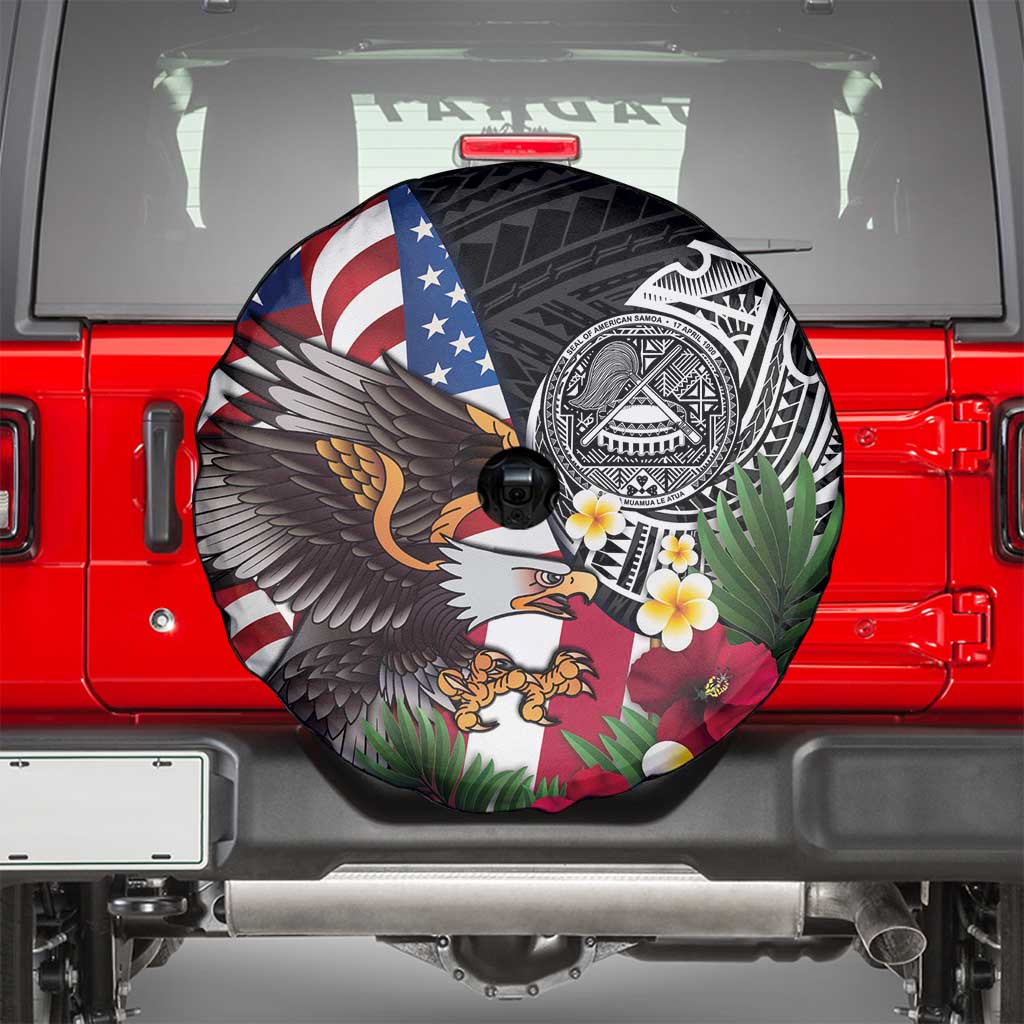 United States and American Samoa Spare Tire Cover USA Flag Eagle With Seal Tropical Flowers