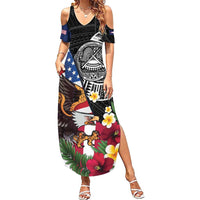 United States and American Samoa Summer Maxi Dress USA Flag Eagle With Seal Tropical Flowers