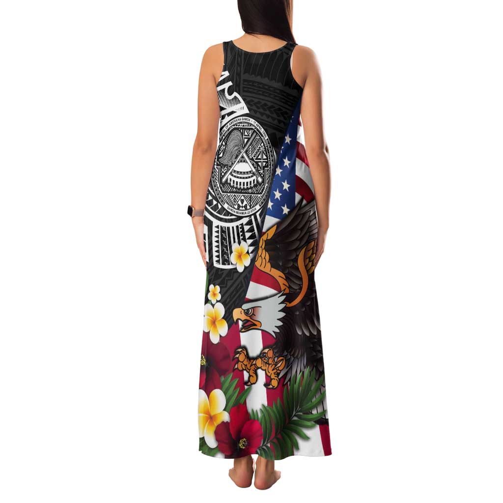 United States and American Samoa Tank Maxi Dress USA Flag Eagle With Seal Tropical Flowers
