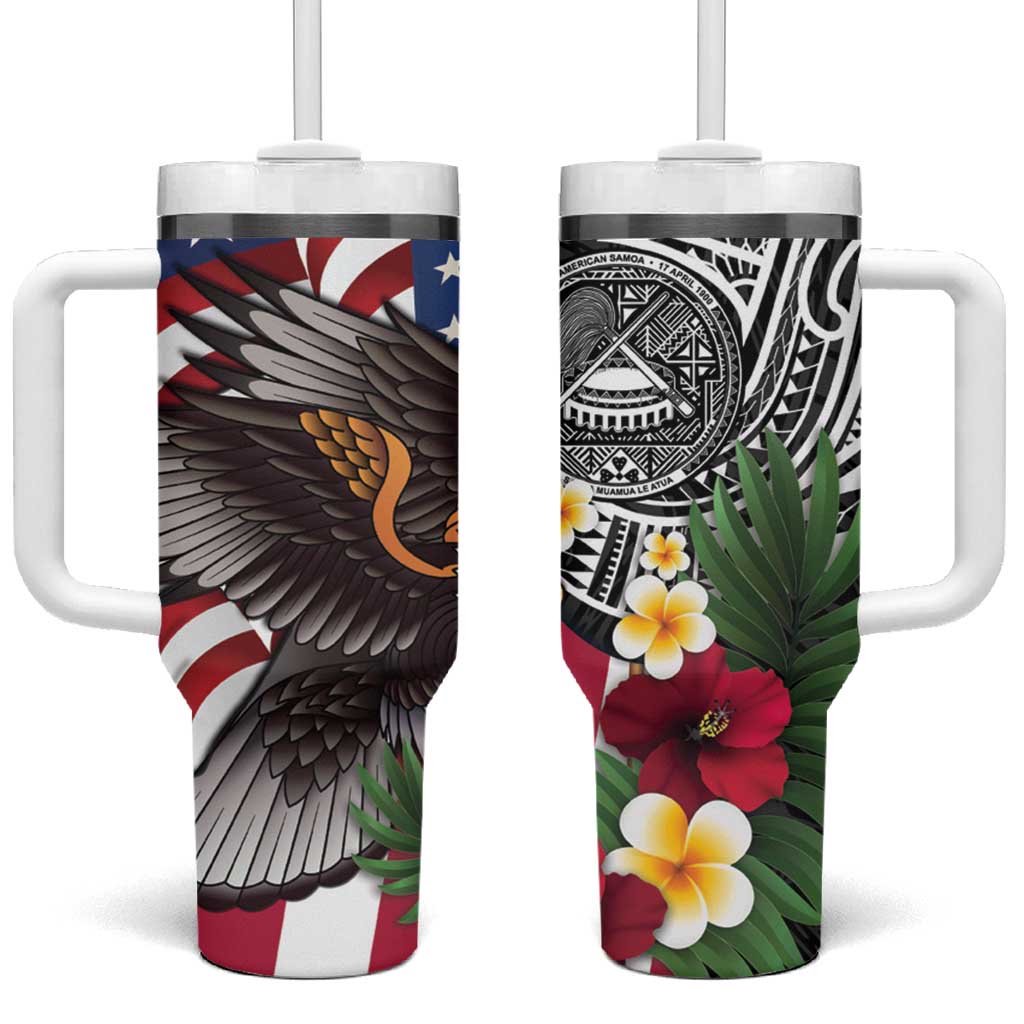 United States and American Samoa Tumbler With Handle USA Flag Eagle With Seal Tropical Flowers