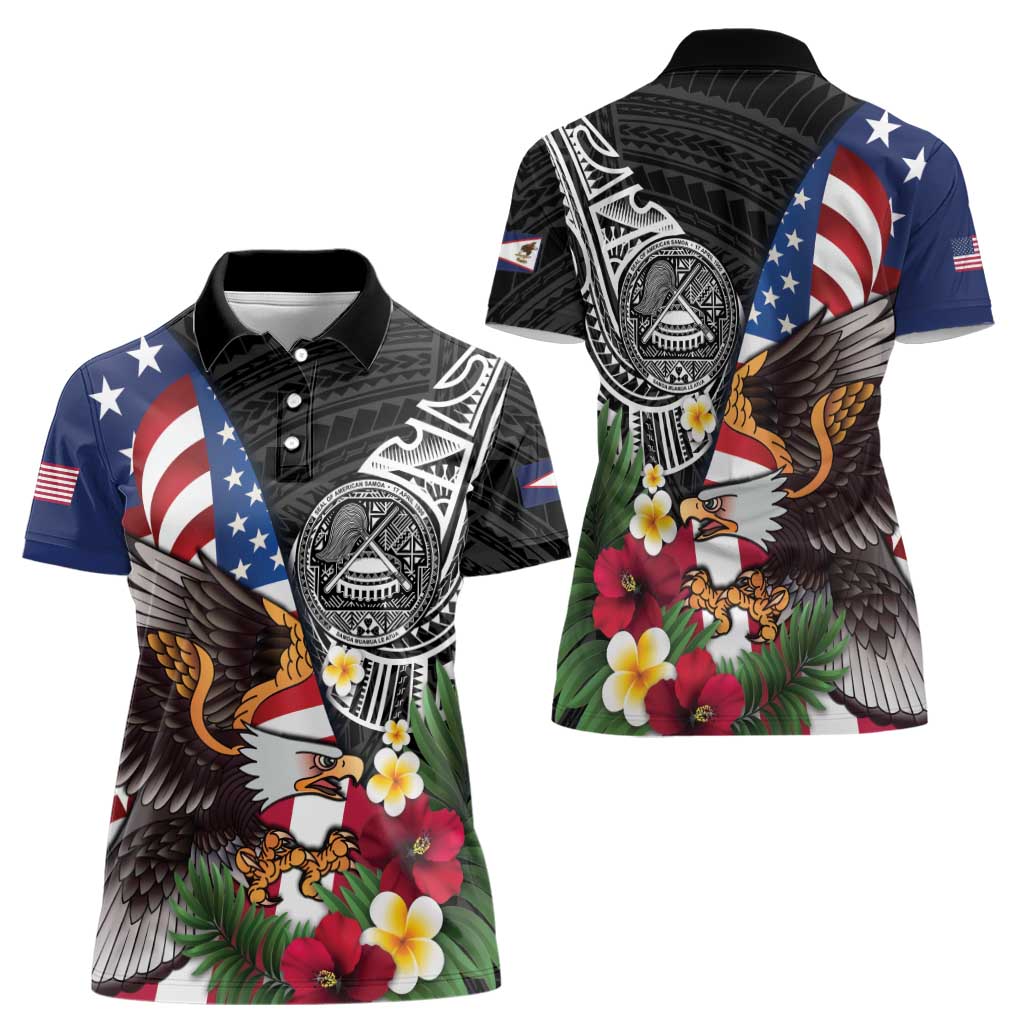 United States and American Samoa Women Polo Shirt USA Flag Eagle With Seal Tropical Flowers