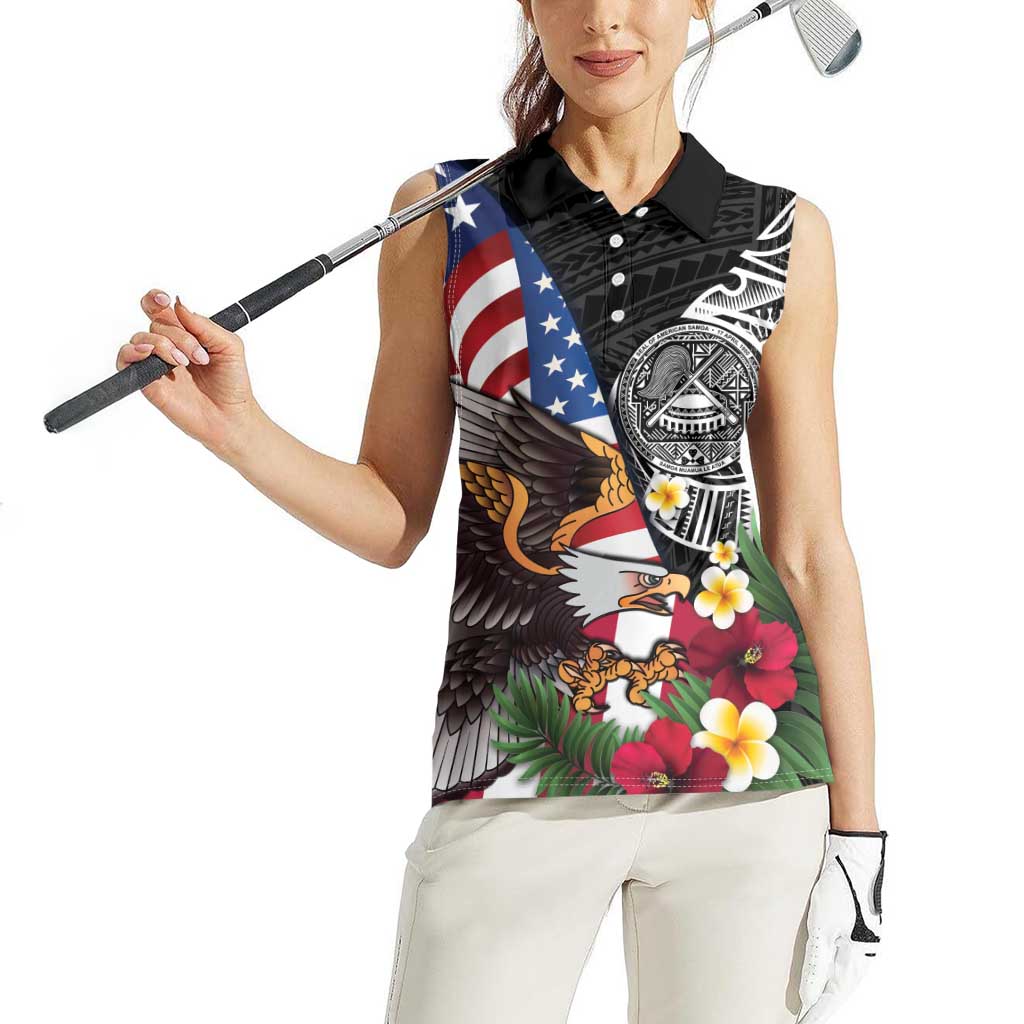 United States and American Samoa Women Sleeveless Polo Shirt USA Flag Eagle With Seal Tropical Flowers LT14 - Polynesian Pride