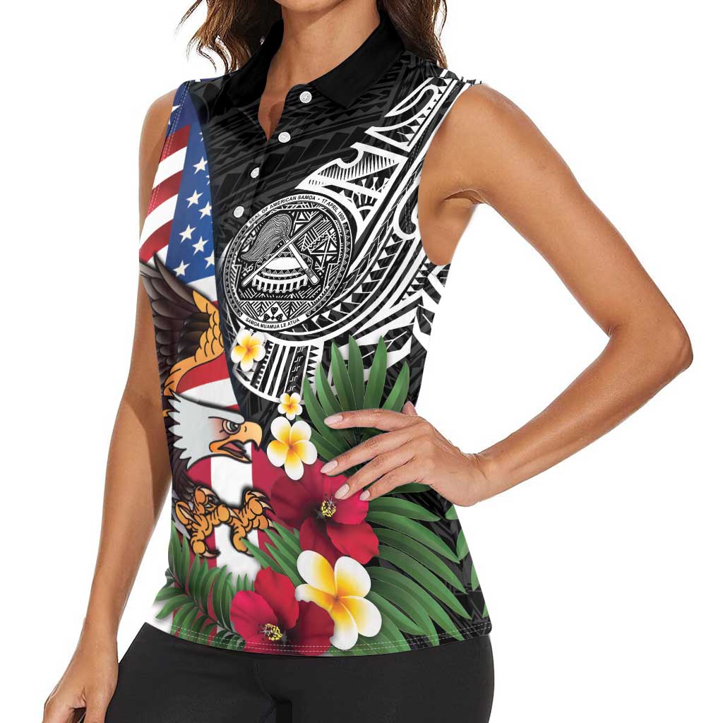 United States and American Samoa Women Sleeveless Polo Shirt USA Flag Eagle With Seal Tropical Flowers LT14 - Polynesian Pride