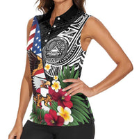 United States and American Samoa Women Sleeveless Polo Shirt USA Flag Eagle With Seal Tropical Flowers LT14 - Polynesian Pride