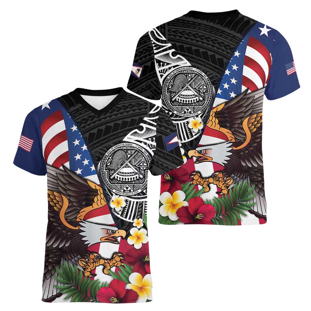 United States and American Samoa Women V-Neck T-Shirt USA Flag Eagle With Seal Tropical Flowers LT14 - Polynesian Pride