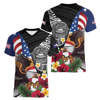 United States and American Samoa Women V-Neck T-Shirt USA Flag Eagle With Seal Tropical Flowers LT14 - Polynesian Pride