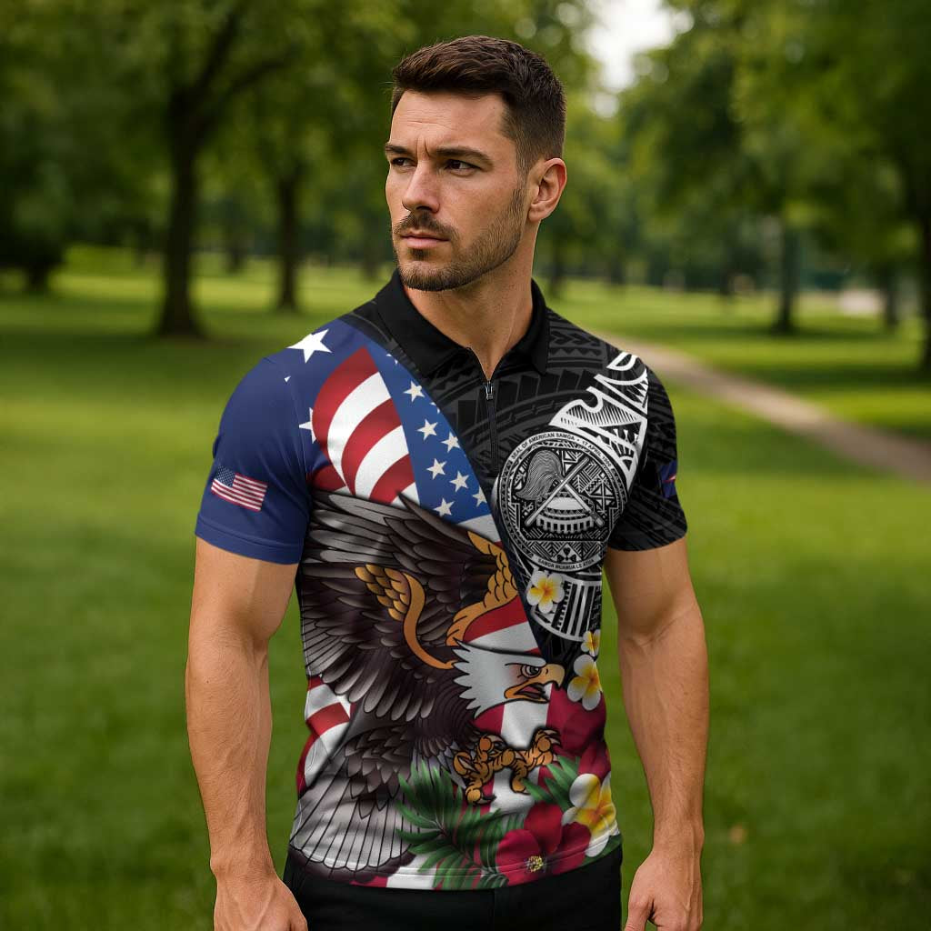 United States and American Samoa Zipper Polo Shirt USA Flag Eagle With Seal Tropical Flowers