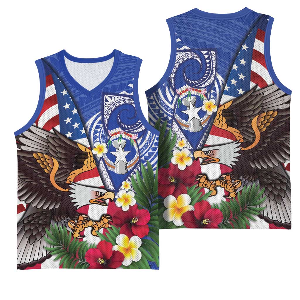 United States and Northern Mariana Islands Basketball Jersey USA Flag Eagle CNMI Latte Stone Tropical Flowers LT14 - Polynesian Pride