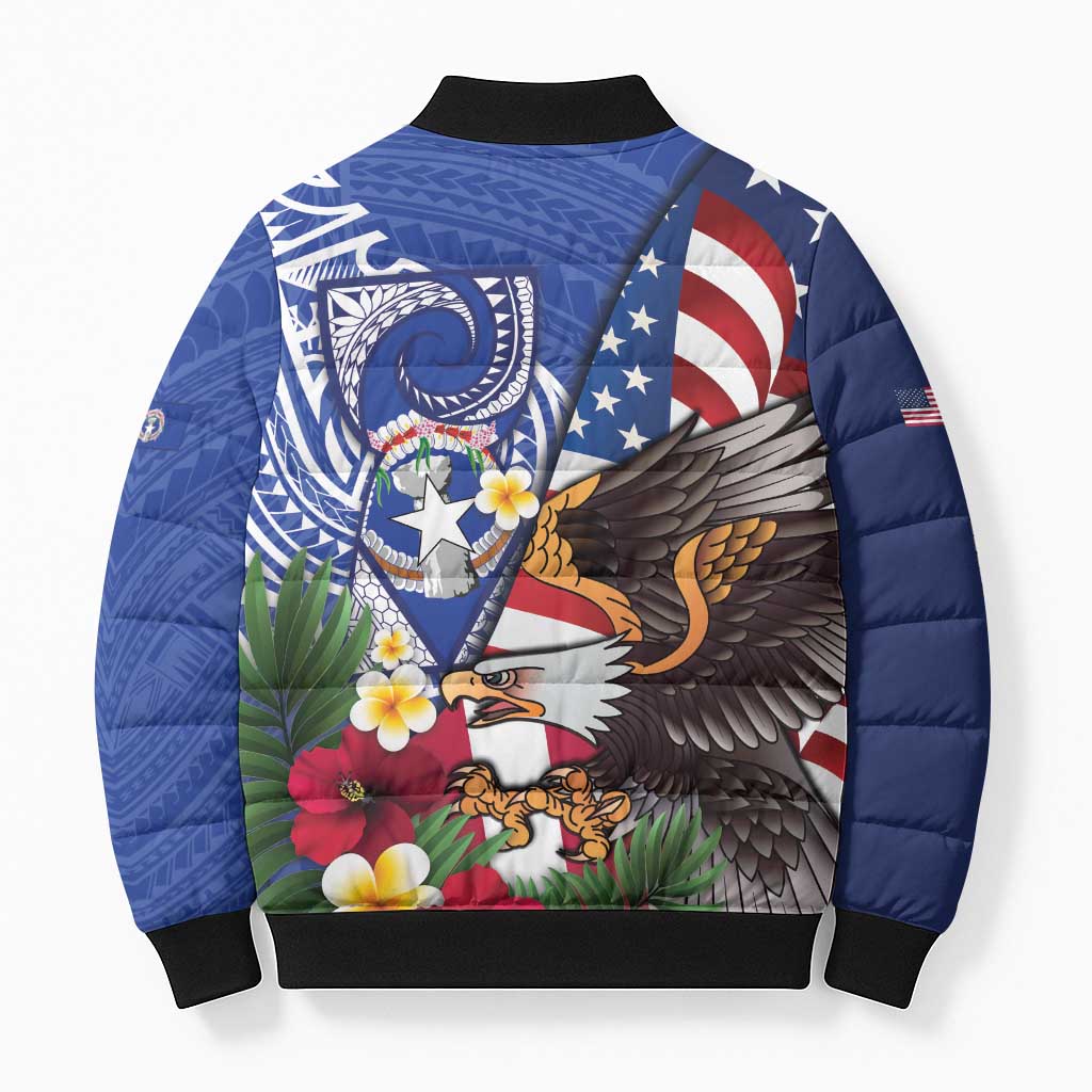 United States and Northern Mariana Islands Bomber Puffer Jacket USA Flag Eagle CNMI Latte Stone Tropical Flowers