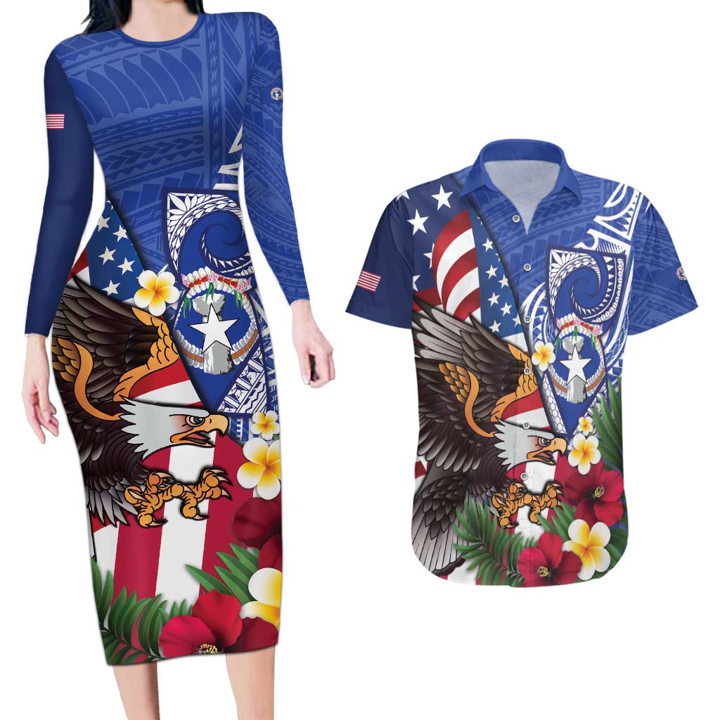 United States and Northern Mariana Islands Couples Matching Long Sleeve Bodycon Dress and Hawaiian Shirt USA Flag Eagle CNMI Latte Stone Tropical Flowers LT14 Blue - Polynesian Pride