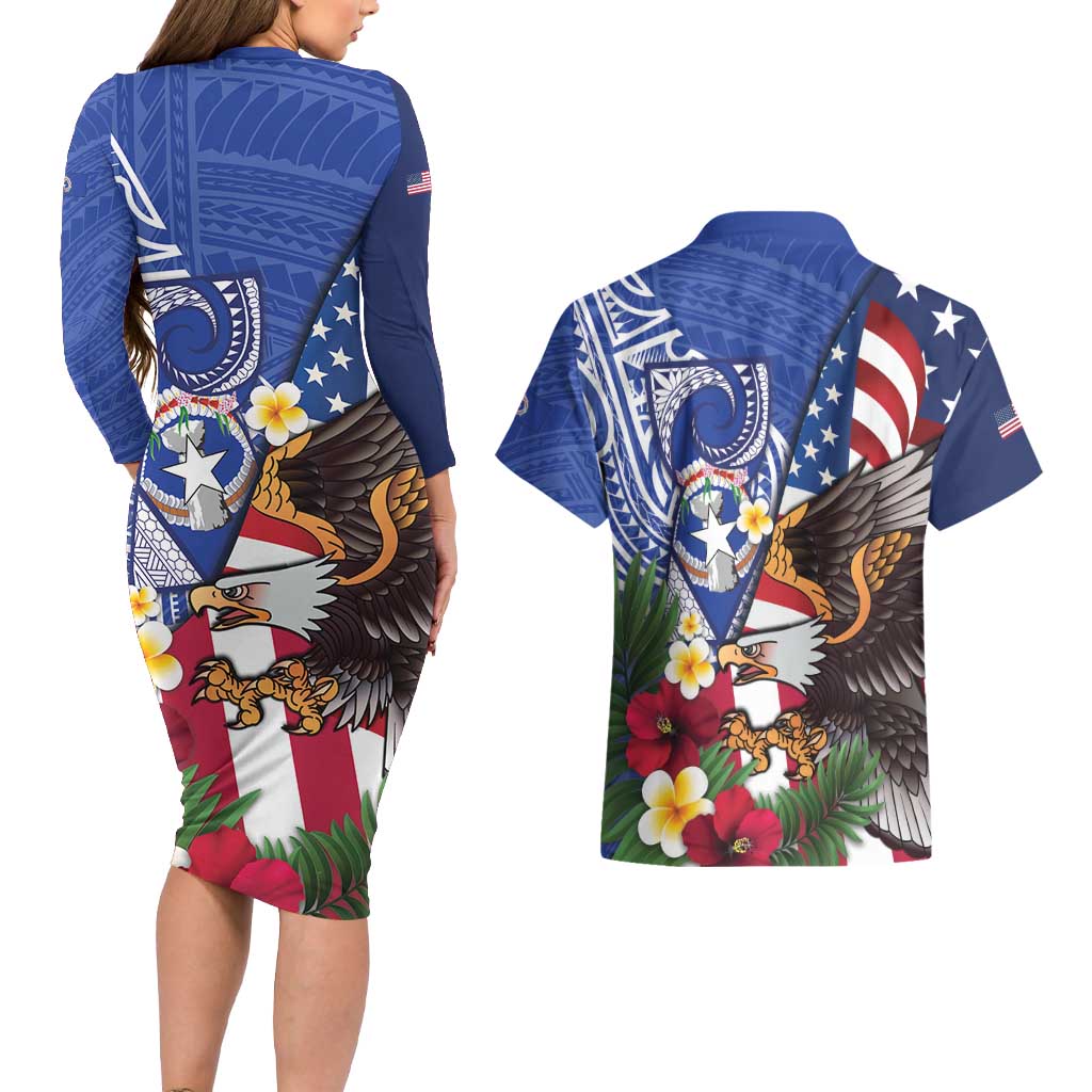 United States and Northern Mariana Islands Couples Matching Long Sleeve Bodycon Dress and Hawaiian Shirt USA Flag Eagle CNMI Latte Stone Tropical Flowers LT14 - Polynesian Pride