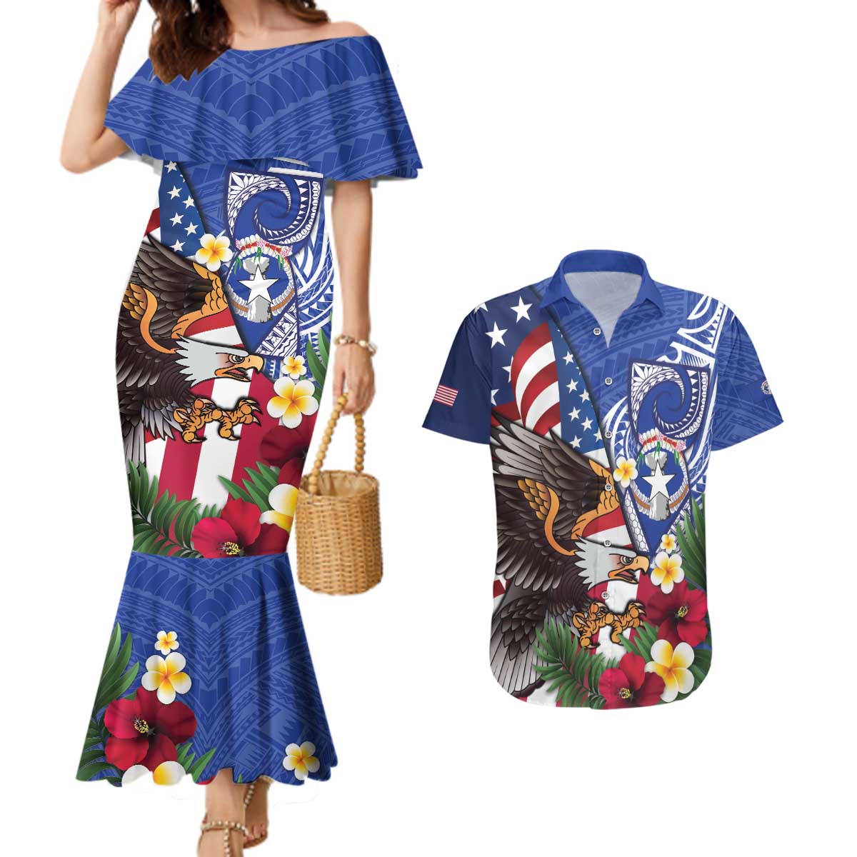 United States and Northern Mariana Islands Couples Matching Mermaid Dress and Hawaiian Shirt USA Flag Eagle CNMI Latte Stone Tropical Flowers LT14 Blue - Polynesian Pride