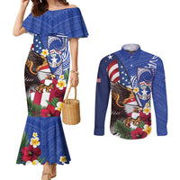 United States and Northern Mariana Islands Couples Matching Mermaid Dress and Long Sleeve Button Shirt USA Flag Eagle CNMI Latte Stone Tropical Flowers LT14 Blue - Polynesian Pride