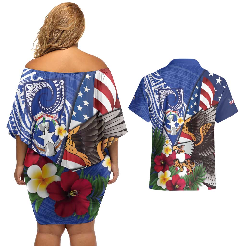 United States and Northern Mariana Islands Couples Matching Off Shoulder Short Dress and Hawaiian Shirt USA Flag Eagle CNMI Latte Stone Tropical Flowers LT14 - Polynesian Pride