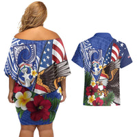 United States and Northern Mariana Islands Couples Matching Off Shoulder Short Dress and Hawaiian Shirt USA Flag Eagle CNMI Latte Stone Tropical Flowers LT14 - Polynesian Pride
