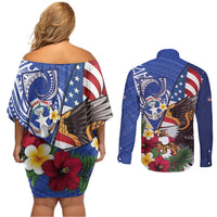 United States and Northern Mariana Islands Couples Matching Off Shoulder Short Dress and Long Sleeve Button Shirt USA Flag Eagle CNMI Latte Stone Tropical Flowers LT14 - Polynesian Pride