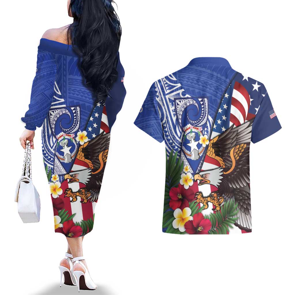 United States and Northern Mariana Islands Couples Matching Off The Shoulder Long Sleeve Dress and Hawaiian Shirt USA Flag Eagle CNMI Latte Stone Tropical Flowers LT14 - Polynesian Pride