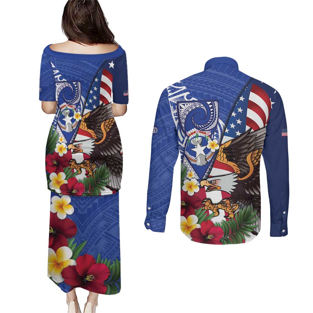 United States and Northern Mariana Islands Couples Matching Puletasi and Long Sleeve Button Shirt USA Flag Eagle CNMI Latte Stone Tropical Flowers LT14 - Polynesian Pride