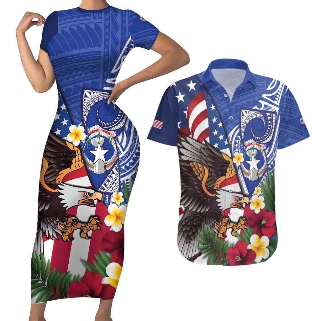 United States and Northern Mariana Islands Couples Matching Short Sleeve Bodycon Dress and Hawaiian Shirt USA Flag Eagle CNMI Latte Stone Tropical Flowers LT14 Blue - Polynesian Pride