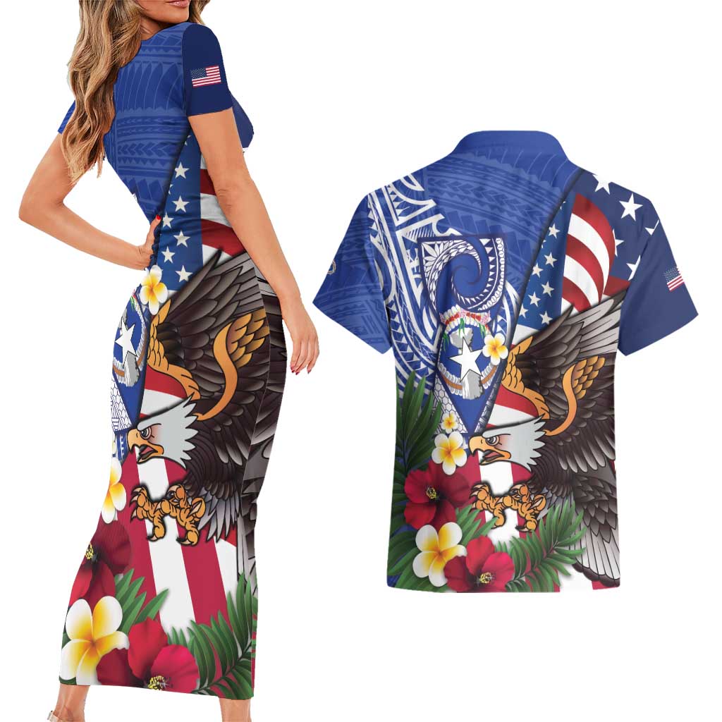 United States and Northern Mariana Islands Couples Matching Short Sleeve Bodycon Dress and Hawaiian Shirt USA Flag Eagle CNMI Latte Stone Tropical Flowers LT14 - Polynesian Pride