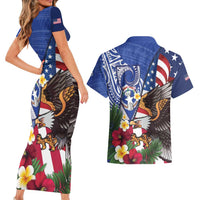 United States and Northern Mariana Islands Couples Matching Short Sleeve Bodycon Dress and Hawaiian Shirt USA Flag Eagle CNMI Latte Stone Tropical Flowers LT14 - Polynesian Pride