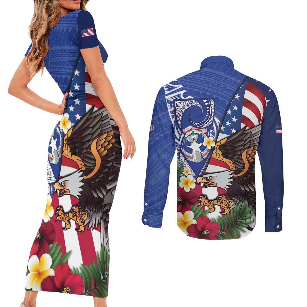 United States and Northern Mariana Islands Couples Matching Short Sleeve Bodycon Dress and Long Sleeve Button Shirt USA Flag Eagle CNMI Latte Stone Tropical Flowers LT14 - Polynesian Pride