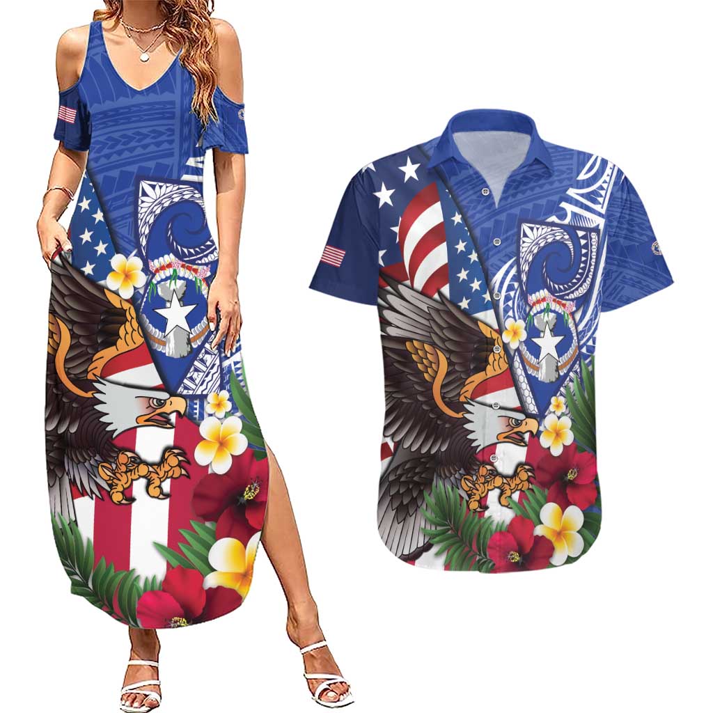 United States and Northern Mariana Islands Couples Matching Summer Maxi Dress and Hawaiian Shirt USA Flag Eagle CNMI Latte Stone Tropical Flowers LT14 Blue - Polynesian Pride