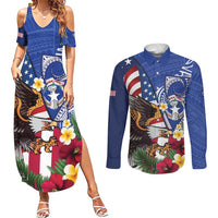 United States and Northern Mariana Islands Couples Matching Summer Maxi Dress and Long Sleeve Button Shirt USA Flag Eagle CNMI Latte Stone Tropical Flowers LT14 Blue - Polynesian Pride