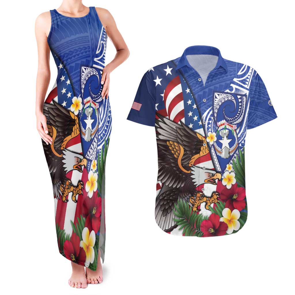 United States and Northern Mariana Islands Couples Matching Tank Maxi Dress and Hawaiian Shirt USA Flag Eagle CNMI Latte Stone Tropical Flowers LT14 Blue - Polynesian Pride