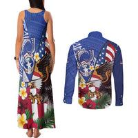 United States and Northern Mariana Islands Couples Matching Tank Maxi Dress and Long Sleeve Button Shirt USA Flag Eagle CNMI Latte Stone Tropical Flowers LT14 - Polynesian Pride