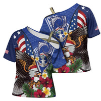 United States and Northern Mariana Islands Cross Shoulder Shirt USA Flag Eagle CNMI Latte Stone Tropical Flowers