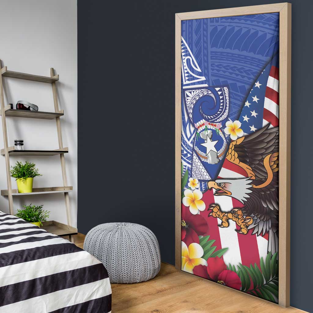 United States and Northern Mariana Islands Door Cover USA Flag Eagle CNMI Latte Stone Tropical Flowers